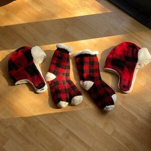 Christmas shearling lined plaid hats & grip socks. Sock size up to size 8 adult